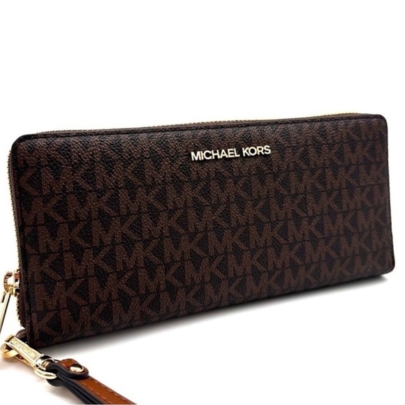 Michael Kors Large Continental Wallet Wristlet Leather Brown - Picture 1 of 8